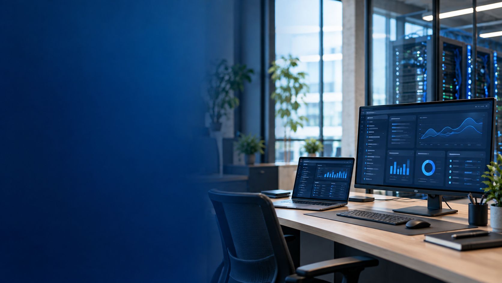 Escritório de tecnologia com monitores exibindo dashboards de sistemas e servidores ao fundo